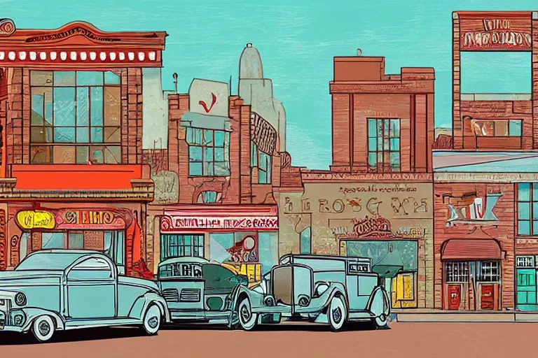 Image similar to a whimsical storybook illustration of a small town main street from the 1 9 5 0 s with a line of brick buildings with business signs over the doors and some late 1 9 5 0 s cars on the road in front of the buildings and one 1 9 3 0 model a hot rod, lowbrow pop art style