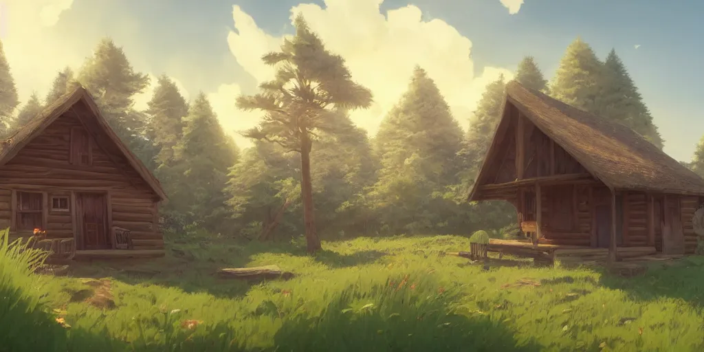 Prompt: a wholesome animation key shot of a focused old cabin near a beach, medium shot, waist up, studio Ghibli, Pixar and Disney animation, sharp, very detailed, high resolution, Rendered in Unreal Engine 5, anime key art by Greg Rutkowski, Bloom, dramatic lighting