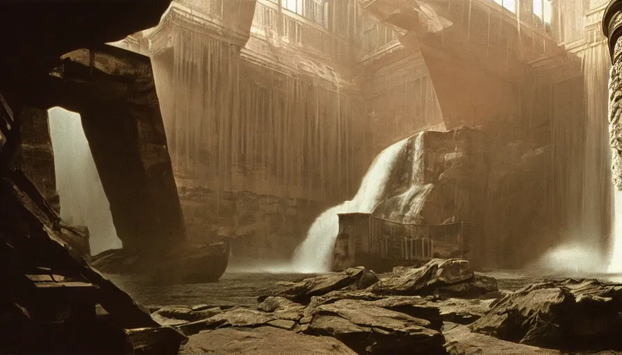 Prompt: 1 9 7 0 s andrei tarkovsky movie still of a man in red drapery in impossible architecture building with waterfall and collums, by piranesi, panoramic, ultra wide lens, cinematic light, anamorphic