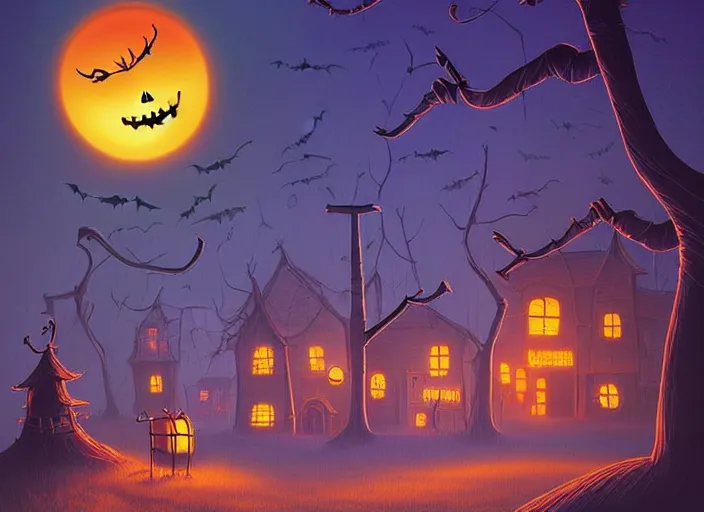 Prompt: Beautiful nostalgic digital art of a Halloween Town from Tim Burtons Nightmare Before Christmas in autumn at night by Christopher Balaskas