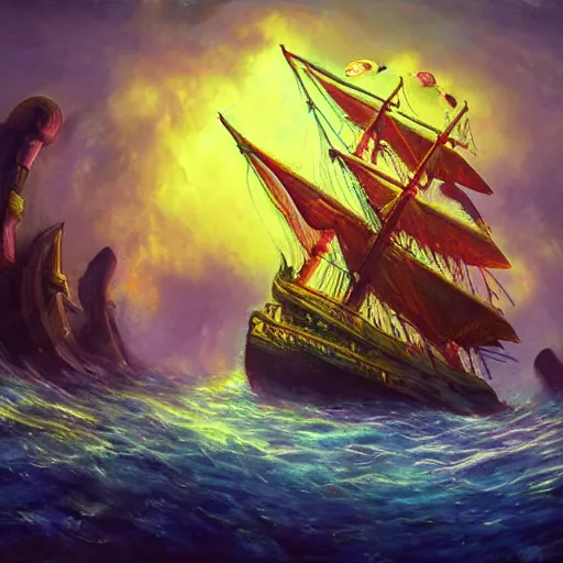 Image similar to mystical ship with kraken pulling it underwater, beautiful composition, wide angle, colorful, cinematic, volumetric lighting, intricate details painting