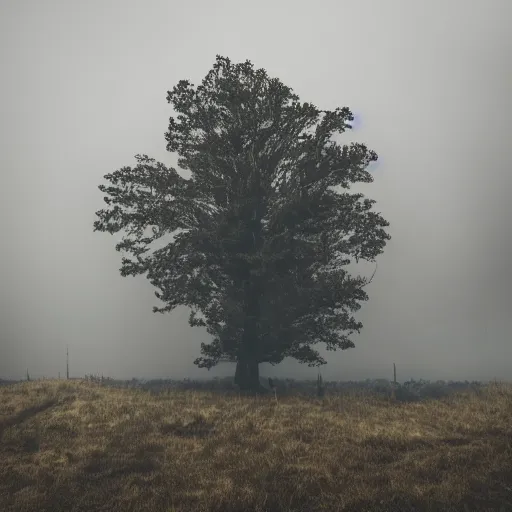 Image similar to photo of a tree with fire surrounding, scary, grey fog, dark sky