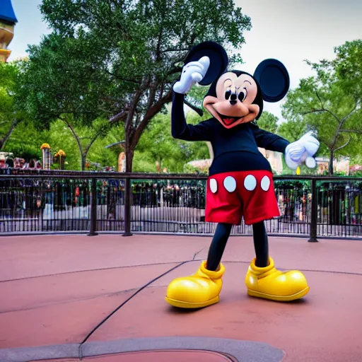 Prompt: POV of me in Disney World fighting Mickey Mouse, XF IQ4, 150MP, 50mm, F1.4, ISO 200, 1/160s, natural light