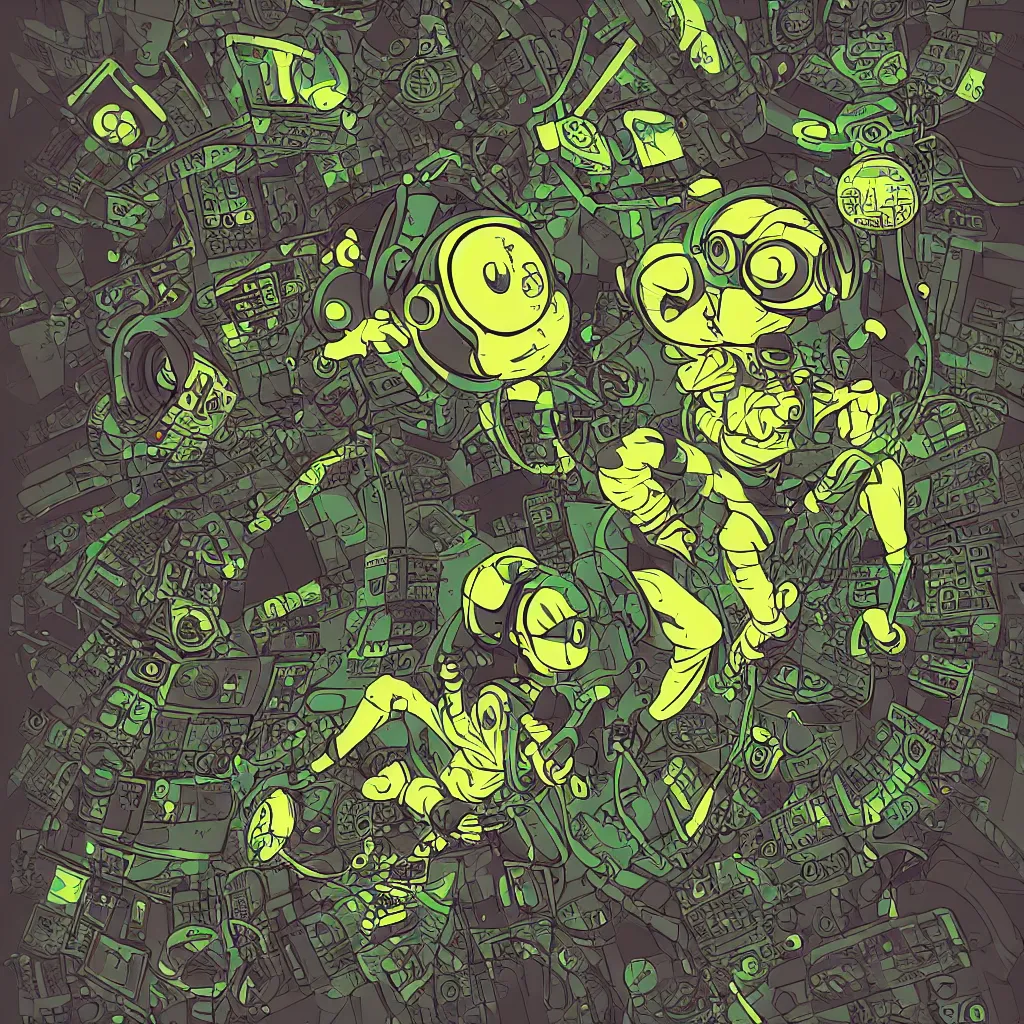 Image similar to a toad wearing headphones, ryuta ueda artwork, breakcore, style of jet set radio, y 2 k, gloom, space, cel - shaded art style, sacred geometry, data, minimal, code, cybernetic, dark, eerie, cyber