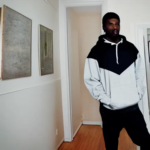 Image similar to cool black guy, wearing a golden kappa hooded sweatshirt, photo inside apartment, digital camera