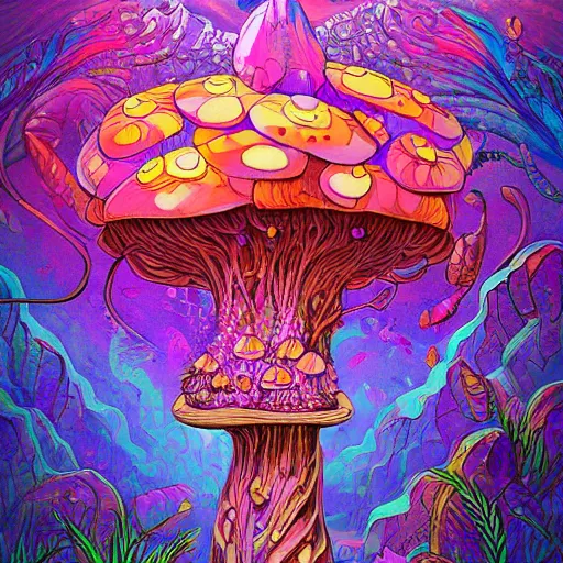 Image similar to trippy mushrooms, acrilic paint, digital, artstation, detailed intricate ink illustration, heavenly atmosphere, digital art, overdetailed art, concept art, complementing colors, trending on artstation, cgstudio, the most beautiful image ever created, dramatic, subtle details