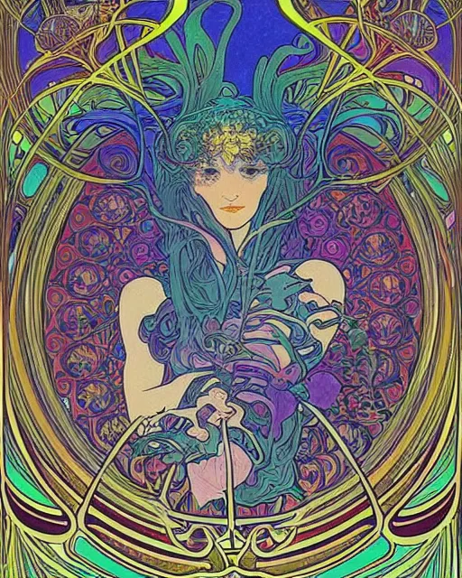 Image similar to psychedelic exotic flowers on a mysterious fantasy planet by Alphonse Mucha, Moebius, hiroshi yoshida, Art Nouveau, colorful, ultradetailed, vivid colour, 3d