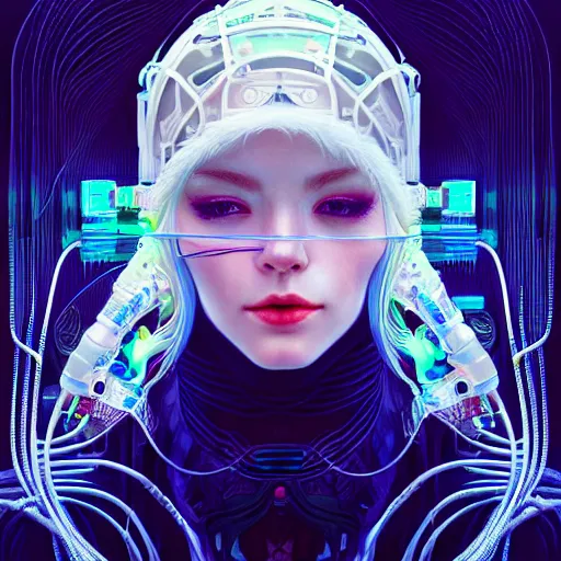 Image similar to high quality, high detailed portrait of a snow queen cyberpunk character in a futuristic world, hyperrealism, intricate details, cables, wires, connectors, led. tristan eaton, victo ngai, artgerm, rhads, ross draws, alphonse mucha, pastel colors, vintage, artstation, vector. 8 k