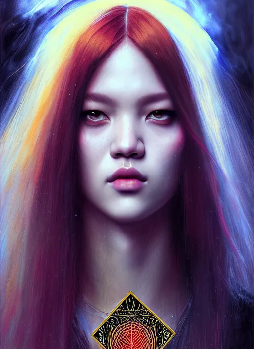 Prompt: jossi of blackpink, king, tarot card, highly detailed, digital painting, smooth, sharp focus, illustration, ultra realistic, unreal engine, 8 k, art by karol bak and agnes cecile