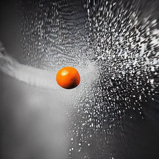 Image similar to high speed photograph of basebal bat hitting an orange, photograph, 1 0 0 0 fps, extremely detailed, photorealistic