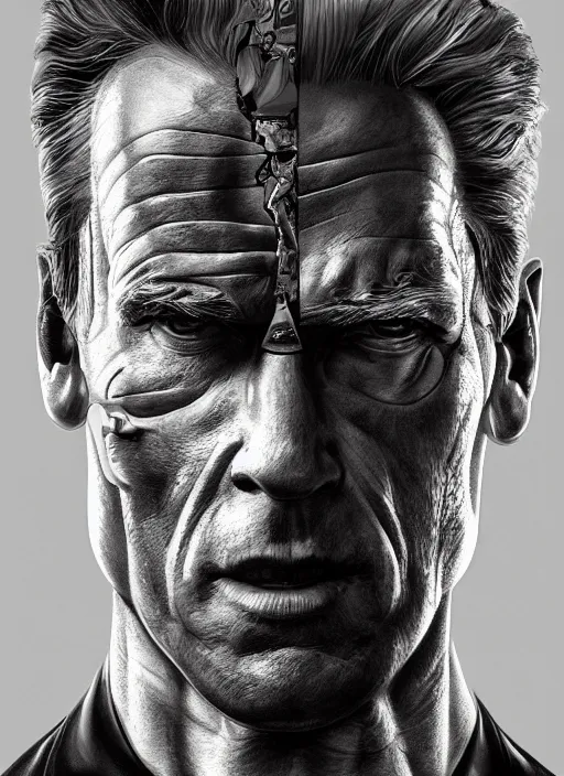 Image similar to symmetry!! arnold schwarzenegger, machine parts embedded into face, intricate, elegant, highly detailed, digital painting, artstation, concept art, smooth, sharp focus, illustration, art by artgerm and greg rutkowski and alphonse mucha, 8 k