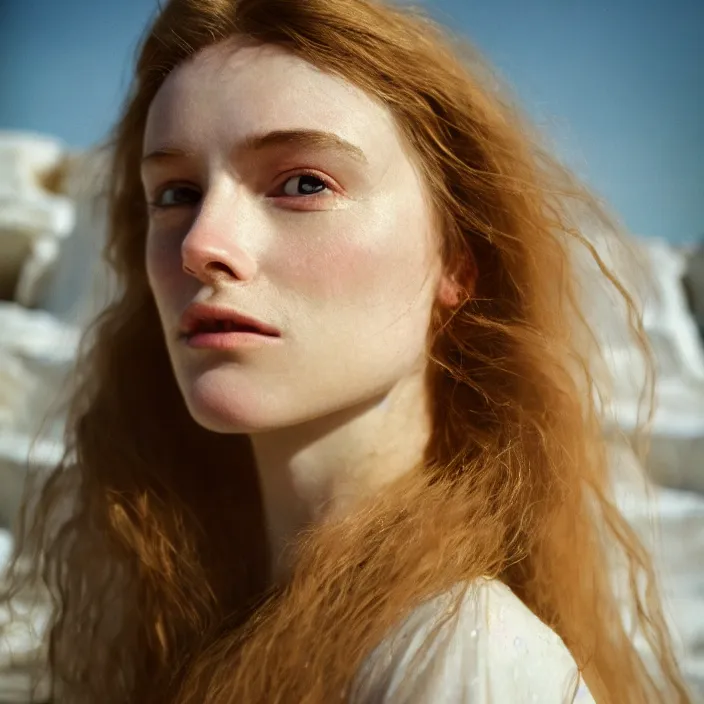 Image similar to Kodak Portra 400, 8K,ARTSTATION, Caroline Gariba, soft light, volumetric lighting, highly detailed, britt marling style 3/4 , extreme Close-up portrait photography of a beautiful woman how pre-Raphaelites, the face emerges from Pamukkale, thermal waters flowing down white travertine terraces ,and hair are intricate with highly detailed realistic beautiful flowers , Realistic, Refined, Highly Detailed, interstellar outdoor soft pastel lighting colors scheme, outdoor fine art photography, Hyper realistic, photo realistic