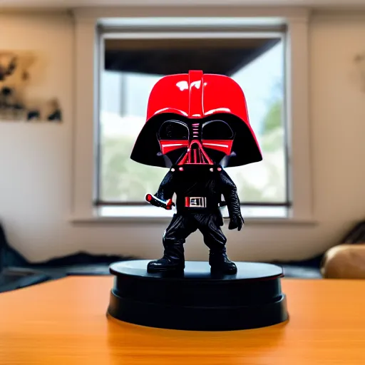 Image similar to a darth vader funko pop wielding a red lightsaber on a table inside a suburban house