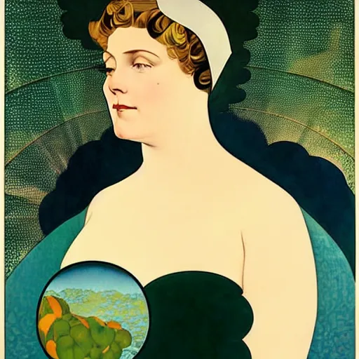 Image similar to Art in the style of Coles Phillips, Gaia, Full figured Mother Earth, portrait, Mucha, Georgia O'Keeffe