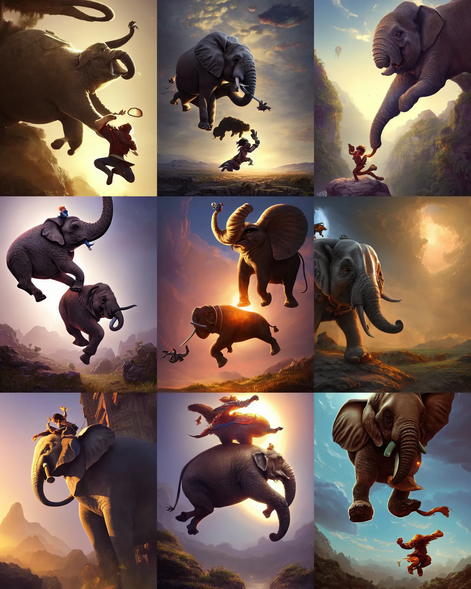 Image similar to kids fantasy sketch of a jumping elephant, fantasy, intricate, epic lighting, cinematic composition, hyper realistic, 8 k resolution, unreal engine 5, by artgerm, tooth wu, dan mumford, beeple, wlop, rossdraws, james jean, marc simonetti, artstation