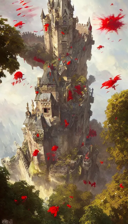 Image similar to castle seen from the sky being attacked by huge red army, cyberpunk, design on white background, beautiful details, lush foliage, drawn by john singer sargent, tom bagshaw, norman rockwell, alphonso mucha, lolish, trending on artstation