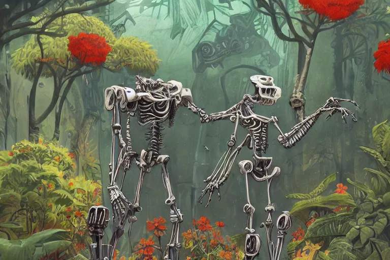 Image similar to 2 d gouache illustration, a lot of exotic vegetation, trees, tremendous skeletal robotic ancient gigantic robot, flowers, oldschool vintage sci - fi flat surreal design, super - detailed, painting by satoshi kon, hd, 4 k, high quality