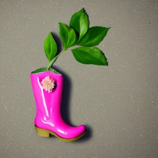 Prompt: a pink flower inside a boot