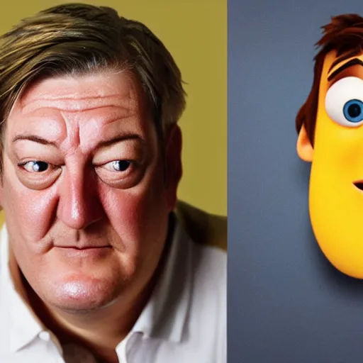 Image similar to photo of [ a single french fry chip ] shaped into stephen fry as a pixar character hybrid intercross mix cinematic lighting