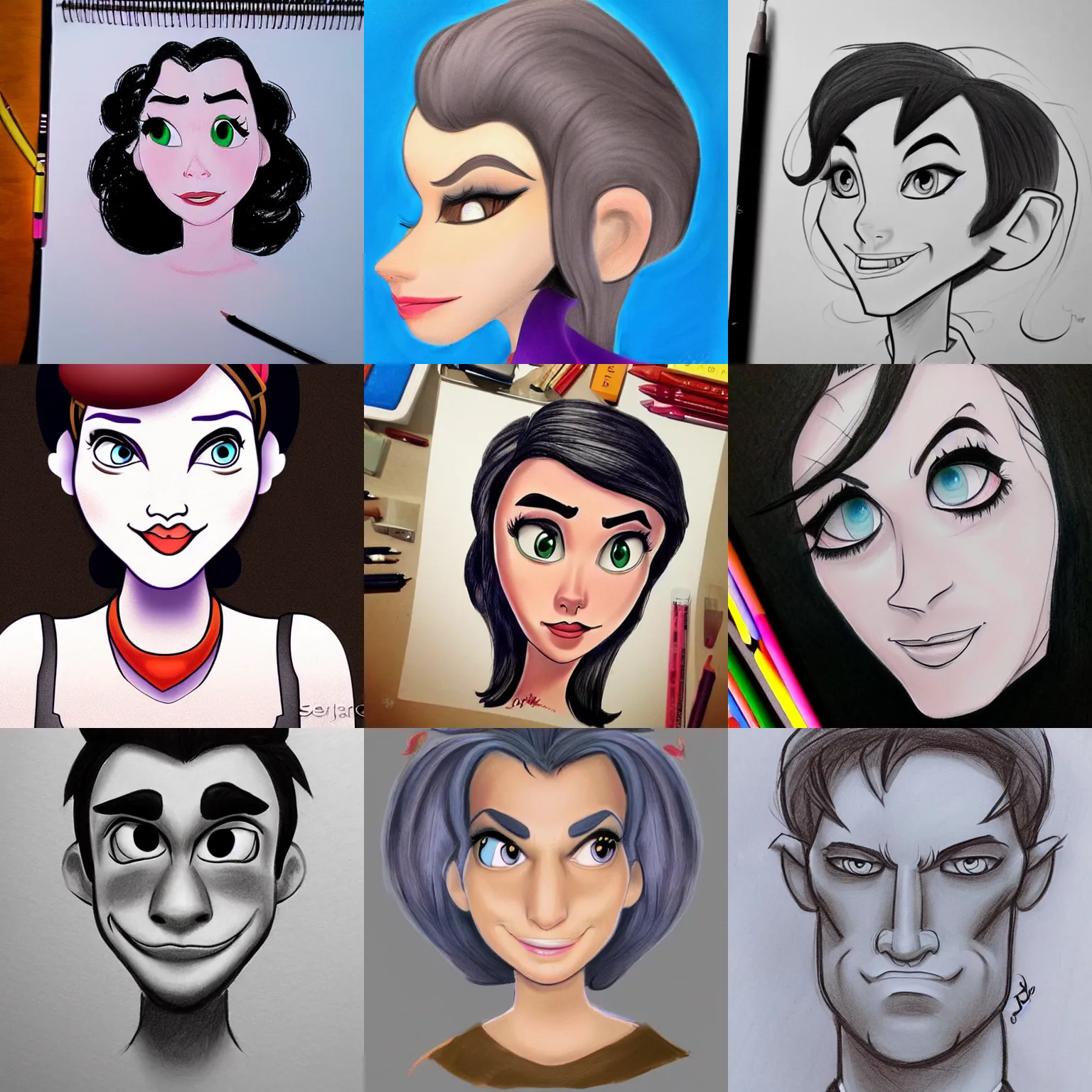 Prompt: a Disney styled character face drawing by Sergio Pablos