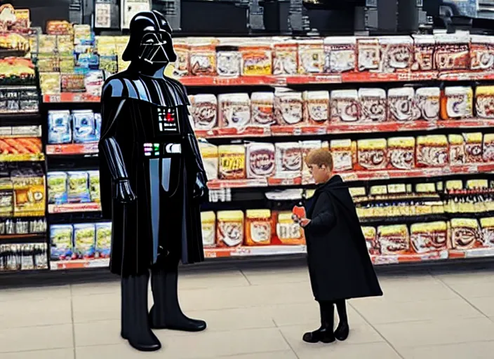 Image similar to film still of Darth Vader goes grocery shopping in the new Star Wars movie, 4k