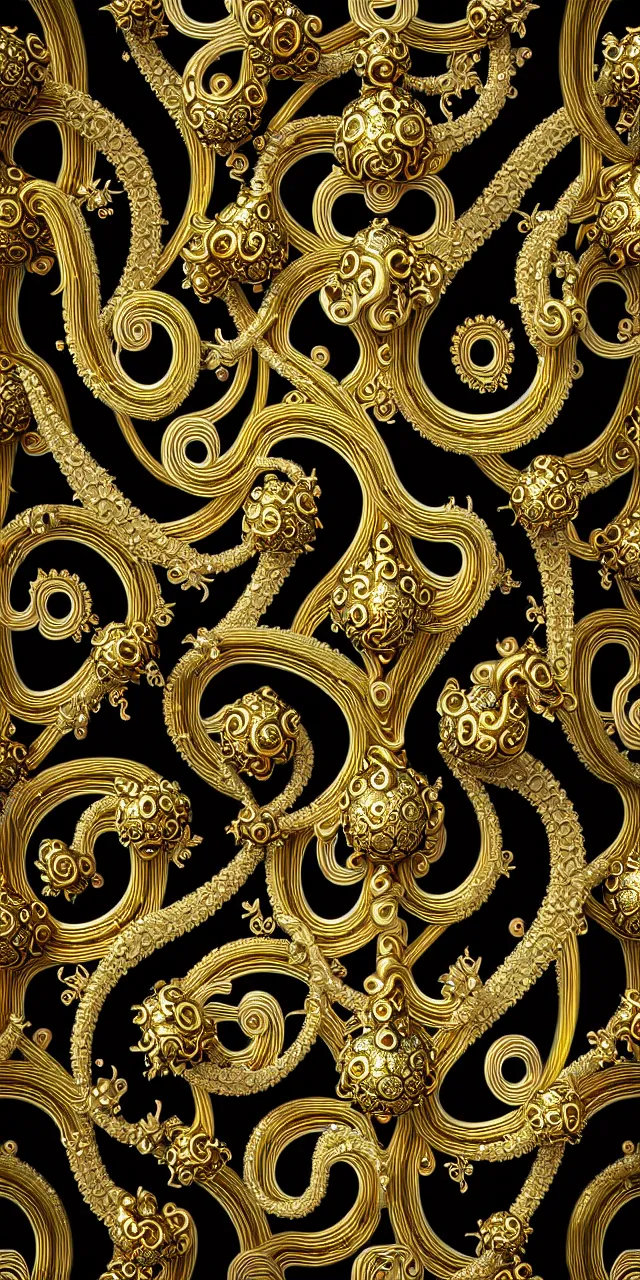 Prompt: subsurface scattering, seamless 3 d baroque gold and black pattern, beautiful dynamic shadows, gold silver iridescent pearls and swarovski crystals, symmetrical, rococo elements, damask pattern, swirls and spirals, dolce and gabanna, michelangelo, iris van herpen artstation, versace pattern, concept design art, octane render, 8 k