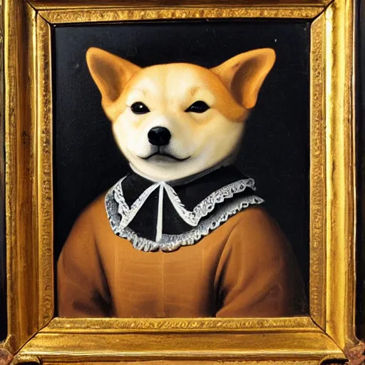 Image similar to Dutch oil painting from the 1600s, Shiba Inu smiling
