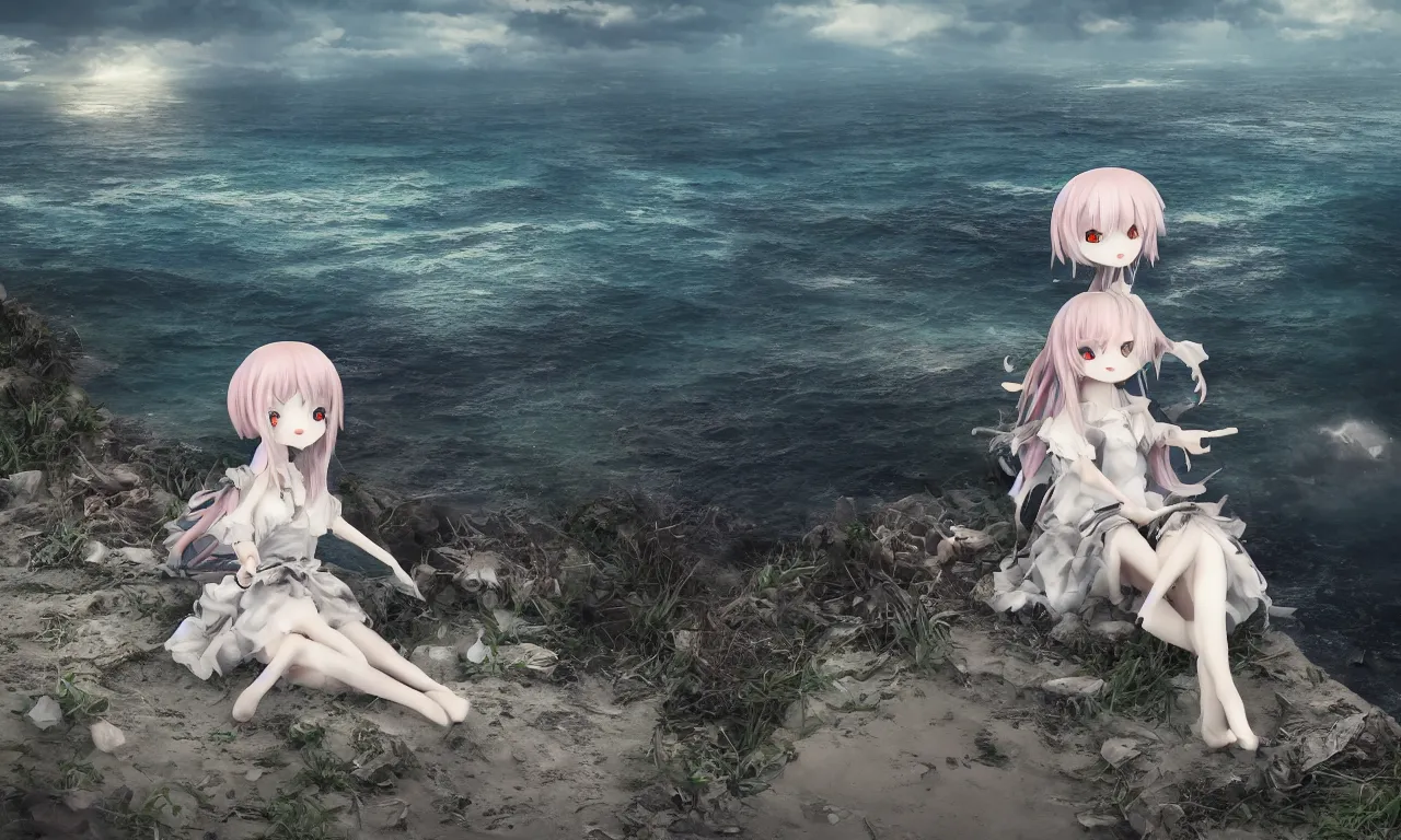 Image similar to cute fumo plush girl enigmatic gothic maiden anime girl on an abandoned island surrounded by the sea, marine seascape, vignette, vray