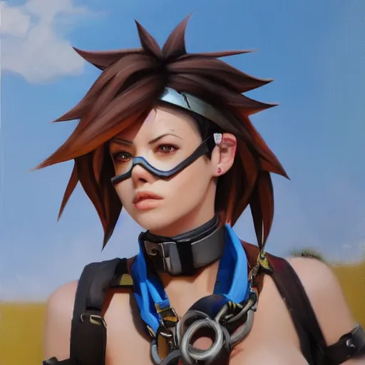 Image similar to oil painting of tracer overwatch in a field wearing spiked collar around neck, in style of steve henderson, wearing black choker, expressive face, detailed face, detailed eyes, full body, feminine face, tracer overwatch,