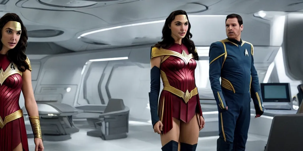 Image similar to Gal Gadot, in full starfleet uniform, is the captain of the starship Enterprise in the new Star Trek movie