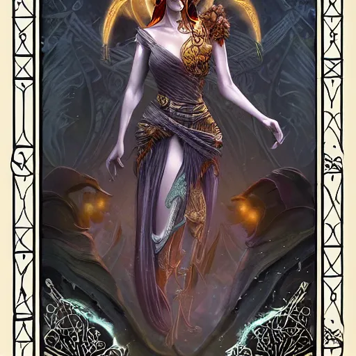 Image similar to a tarot card of a female necromancer, fantasy, d & d, intricate, elegant, highly detailed, digital painting, artstation, concept art, matte, sharp focus, illustration, art in the style of disney