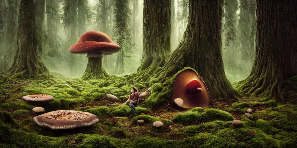 Image similar to Photo by Filip Hodas of the cinematic view of the Forest of the Giants, a troll is eating a giant mushroom, photorealism, photo taken with canon 5D