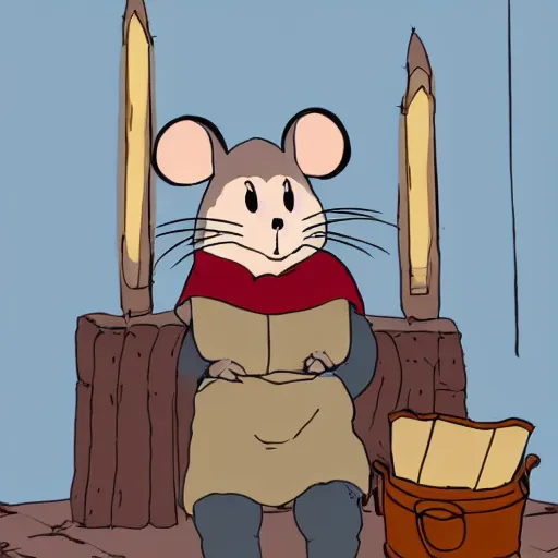 Prompt: studio ghibli mouse dressed in medieval clothing sitting is a big blue armchair, warm lighting, sitting by a small fireplace