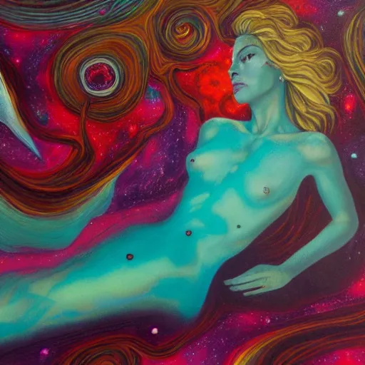 Prompt: hypersurreal dreamlike fey reclining on cosmic roots, infinity, nebula, smeared acrylic paint, concept art