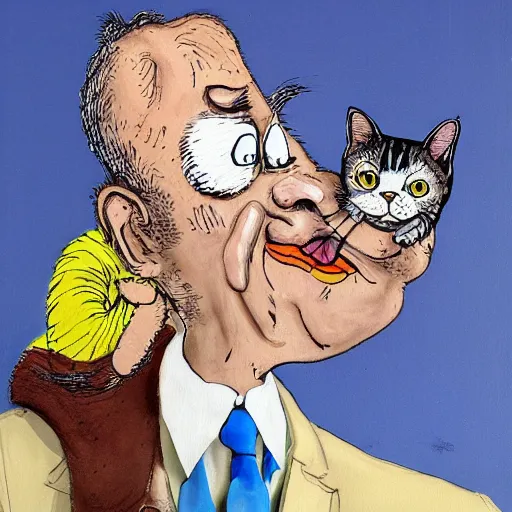 Prompt: a detailed painting of a man with a cat on his back by gerald scarfe and ralph steadman and pixar