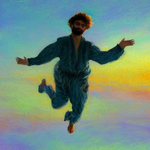 Image similar to arab man with curly hair skydiving alone, centered, pastel colors, peaceful, impressionist painting, figurative painting, intricate details, sunset