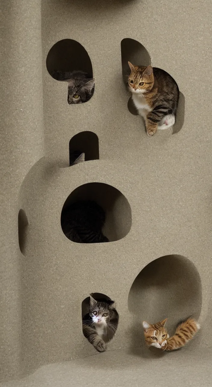 Prompt: a cat enters an almond shaped tunnel and exits b , cat tower , Barbican centre, architectural section, isometric