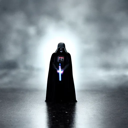 Image similar to darth sidious with lightsaber, heavy rain, lightning, moody lighting, shallow depth of field,