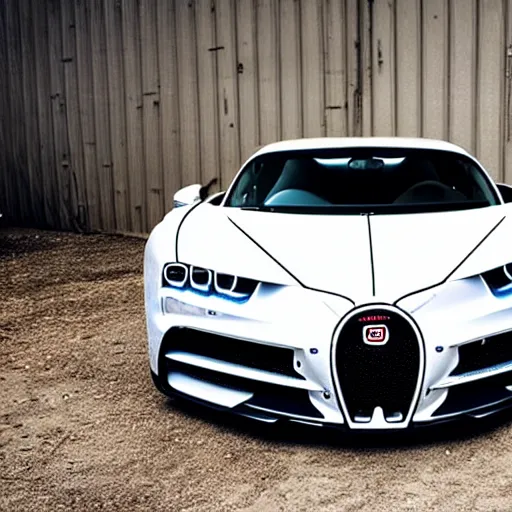 Image similar to an abandoned, derelict, rusty bugatti chiron in a dirty warehouse