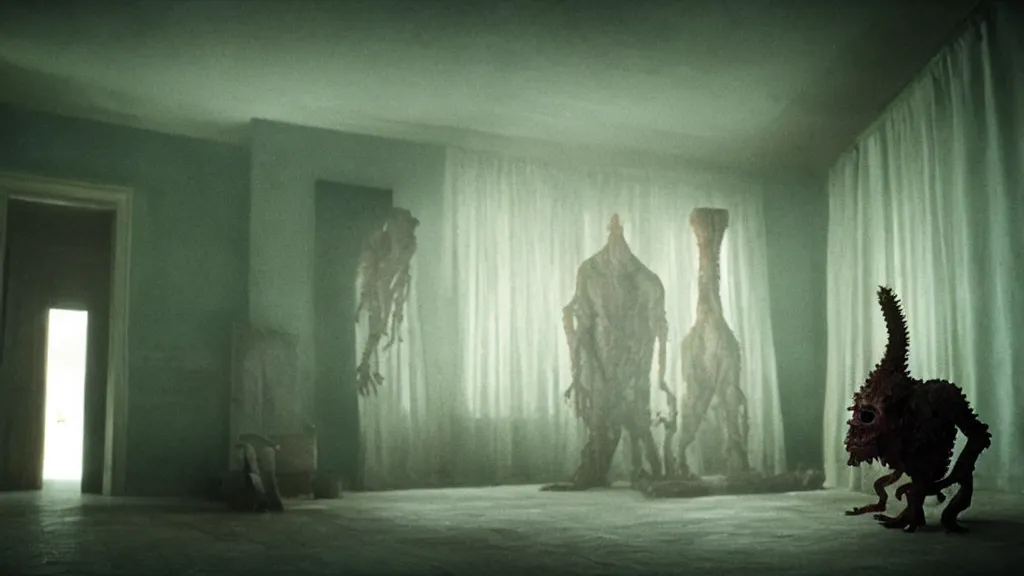 Prompt: the creature on the house in the house, film still from the movie directed by denis villeneuve and david cronenberg, with art direction by salvador dali, wide lens