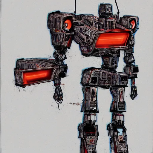 Prompt: realistic combat mecha in the style of jean - michel basquiat, beeple, metal shaded