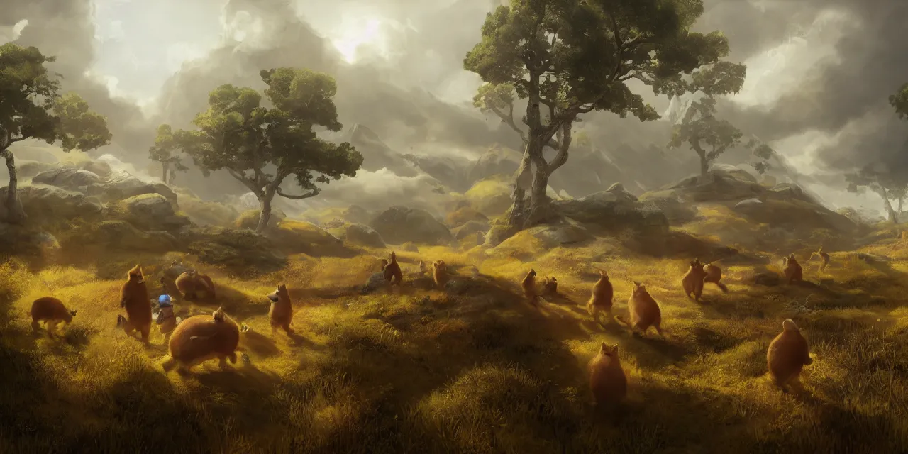 Prompt: portrait of anthropomorphic cat and capybara soldiers traveling in tundra between pine trees underneath big mountains with giant clouds, facing the camera, professional digital painting by rembrandt and akira toriyama, volumetric and cinematic lighting, d & d, artstation, extremely detailed 8 k