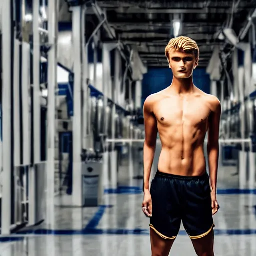 Prompt: a realistic detailed photo of a guy who is an attractive humanoid who is half robot and half humanoid, who is a male android, soccer players martin ødegaard, shiny skin, posing like a statue, blank stare, in a factory, on display, showing off his muscles, gold soccer shorts, back view