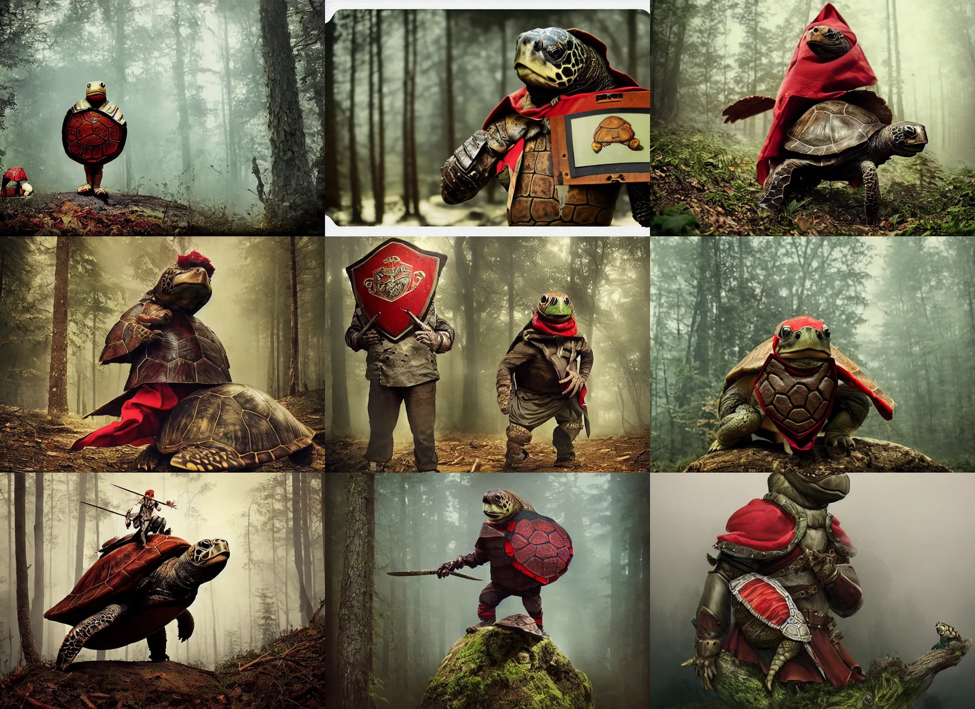 Prompt: a badass turtle fighter animal anthropomorphic with red bandana on his eyes, protectors on elbows and a shield made out of a turtle shell, on deep forest peak, cinematic focus, polaroid photo, vintage, soft lights, foggy, by oleg oprisco, by thomas peschak, by discovery channel, by victor enrich, by gregory crewdson