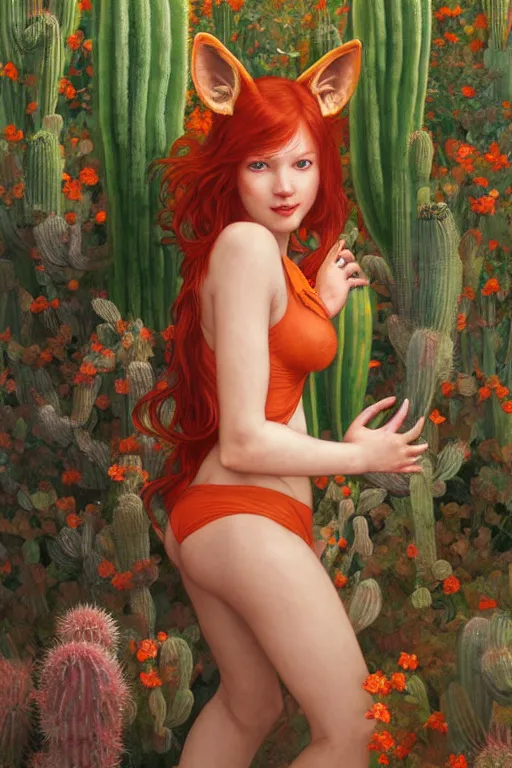 Image similar to Portrait of red-haired girl with fox ears and an evil grin in orange bikini holds a cactus cinematic lighting, intricate, elegant, highly detailed, digital painting, artstation, smooth, sharp focus, illustration, art by Yoshitaka Amano, artgerm and greg rutkowski and alphonse mucha and william-adolphe bouguereau