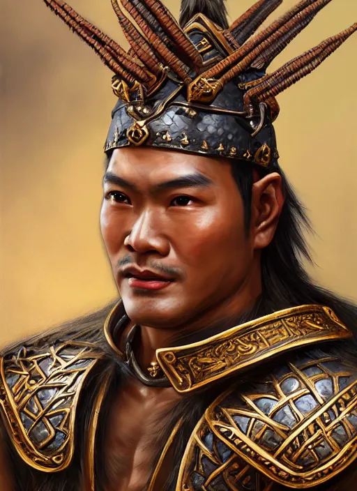 Image similar to smart tai warlord of sukhothai, closeup portrait, without beard and mustache, historical hero, ethnic group, tai costume, thai transitional bronze headdress, intricate, with leather armor cross on bare chest, elegant, loin cloth, highly detailed, oil painting, artstation, concept art, matte, sharp focus, illustration, hearthstone, art by earl norem