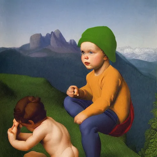 Image similar to a boy's first memory of mountain climbing by Raphael, Hopper, and Rene Magritte. detailed, romantic, enchanting, trending on artstation.