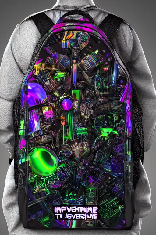 Image similar to photo of a stylish back pack, band merchandise, bandname is tripmachine, tourname is invasion of the tripmachines, realistic digital art, printed with a 3 d render of a huge futuristic steampunk generator, 8 k, fluorescent colors, halluzinogenic, multicolored, exaggerated detailed, unreal engine