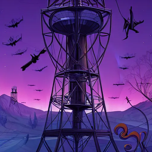 Prompt: don bluth, artgerm, joshua middleton, purple color pallete, welcome to night vale, radio tower with black hole above it, helicopter, spooky strange weird quirky, cartoon, 2 d, chiral lighting