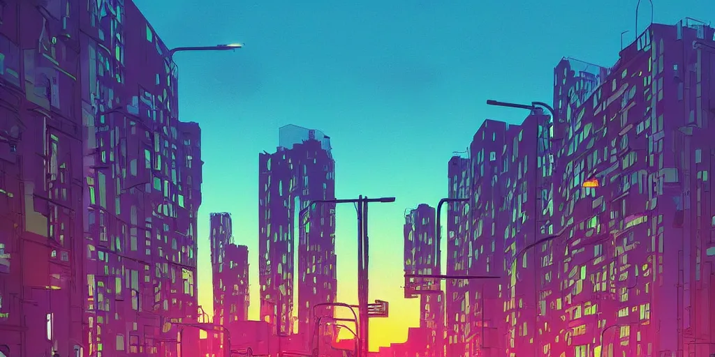 Image similar to brick apartment buildings street scene neon futuristic cyberpunk vaporwave tron glow sunset clouds sky illustration by syd mead